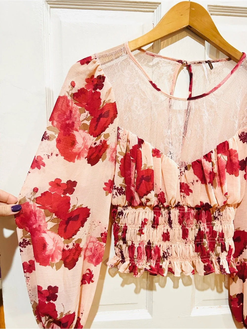Free People Daphne Floral Lace Peplum Crop Top Peasant Boho Festival Y2K XS